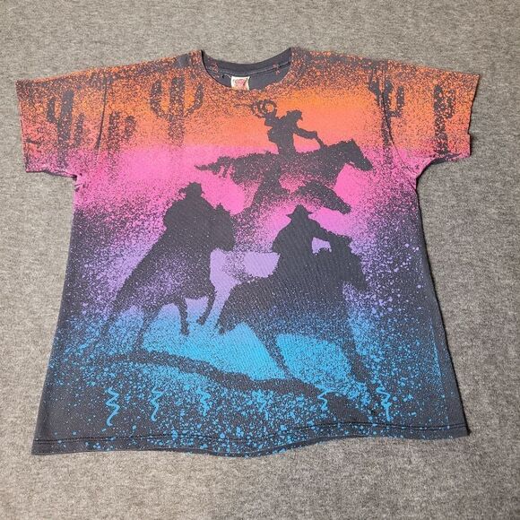 Vtg 90's Western Sun Men's Size M Horses  Cowboy Print Single Stitch Shirt - Picture 1 of 10